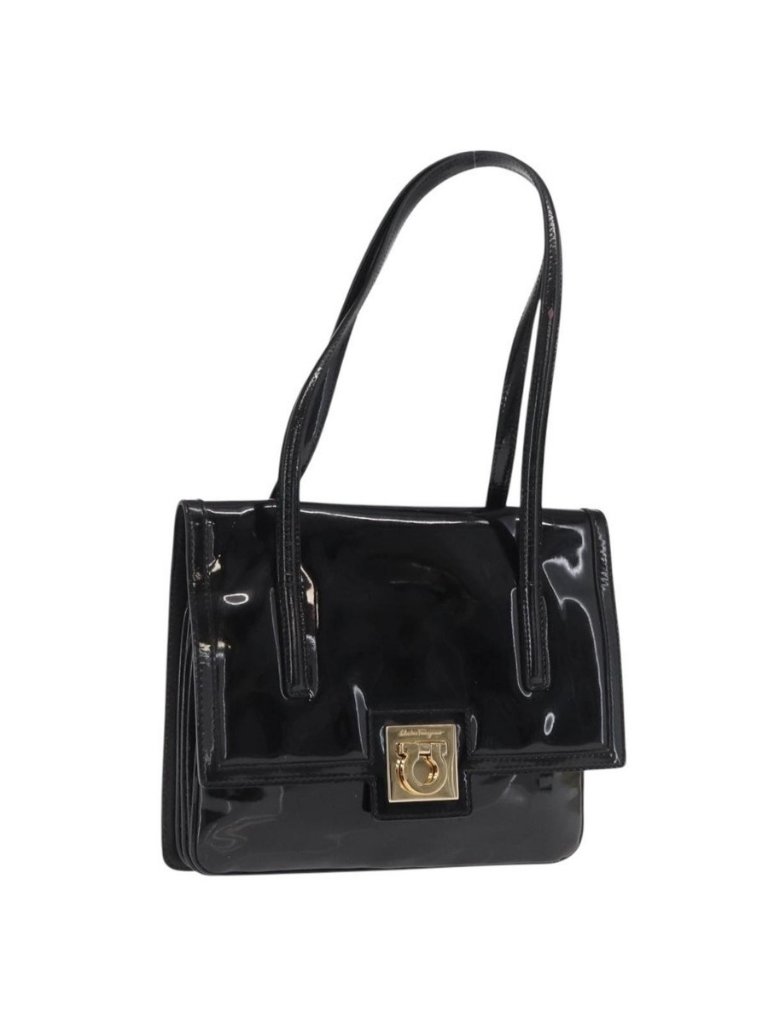 Authentic Salvatore Ferragamo Gancini Shoulder Bag Patent Leather Gold Black